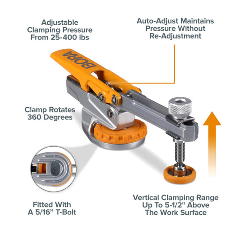 Badass Auto Adjust T Track Clamp Built For Standard 5 16 Inch T Slot showing adjustable clamping pressure and 360 degree rotation