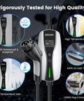 Portable Level 1 And 2 EV Charger J1772 Connector With 16 Amp Adjustable Output showing IP66 waterproof design and charging features