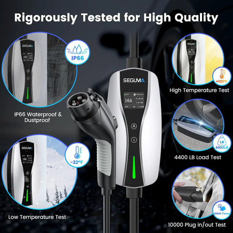 Portable Level 1 And 2 EV Charger J1772 Connector With 16 Amp Adjustable Output showing IP66 waterproof design and charging features
