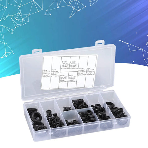 180 Piece Rubber Grommet Kit Durable Rubber Hole Plugs For Wiring And Plumbing Projects Ideal For Home Automotive And DIY Use With Assorted Sizes And UV Ozone Resistant Seals, assorted black grommets in labeled storage case