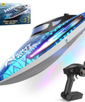 Fast Remote Control Boat For Kids And Grownups With 25kmh Speed, 7 LED Light Modes, remote control, and packaging.