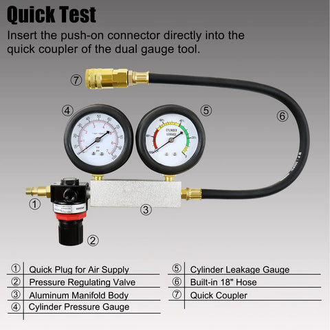 YSTOOL automotive cylinder leak-down tester kit with aluminum manifold, dual gauges, 18-inch hose, brass fittings