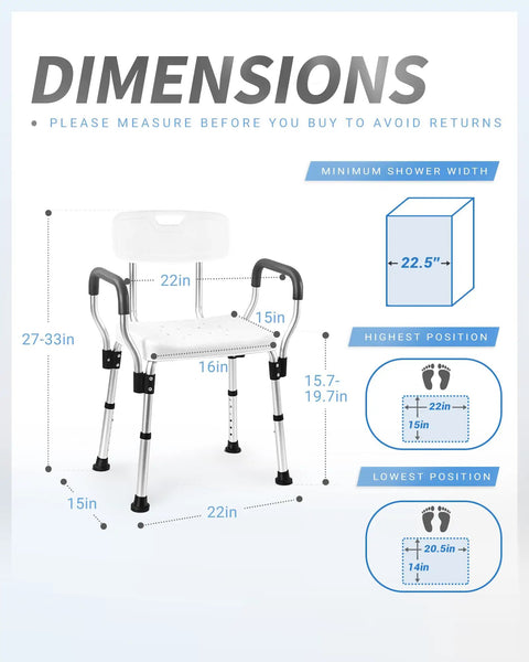 Dimensions diagram of Heavy Duty Shower Chair With Back And Arms, Aluminum Frame, Adjustable Height, 27-33 in, 500 lb capacity