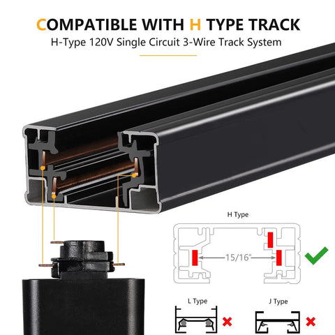 Diagram showing compatibility of Dope 3 Color Dimmable LED Track Lighting Heads H Type Bright Track Light Fixtures, black, 120V.