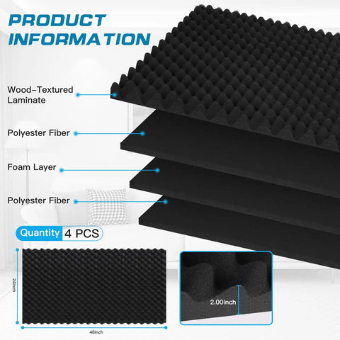 4 Pack 48 By 24 By 2 Inches Acoustic Panels Egg Crate Foam Soundproof Panels For Walls And Ceilings product layers and dimensions