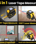 4 In 1 Laser Tape Measure With Level And Crosshairs, 130 Ft Laser Range And 16 Ft AutoLock Tape, black and yellow handheld tool with LCD display