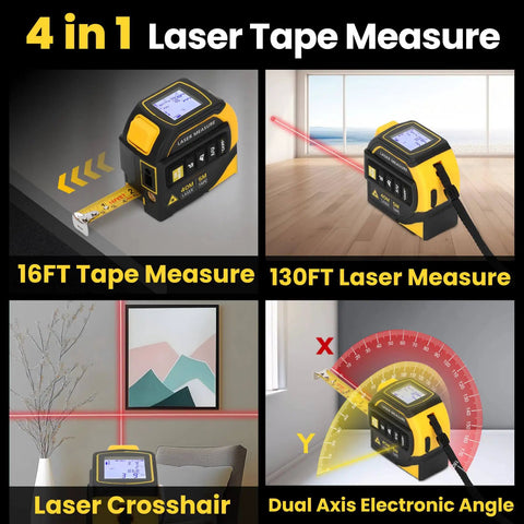 4 In 1 Laser Tape Measure With Level And Crosshairs, 130 Ft Laser Range And 16 Ft AutoLock Tape, black and yellow handheld tool with LCD display