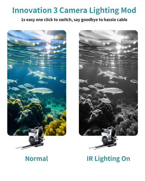 Underwater Fishing Camera With Infrared Night Vision Portable 100ft Cable 4 Point 3 Inch LCD Display Upgraded HD Lens For Ice Fishing Boat Kayak Lake Fishing See More Catch More Reel In showing normal and infrared views underwater