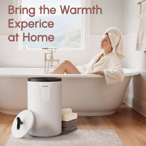 Woman relaxing in a bath with a white towel warmer bucket, lid off, towels stacked beside it, near a bathtub.