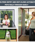 Magnetic Screen Door 36 X 82 Inches, Heavy Duty Reinforced Fiberglass Mesh, Black Modern Style, in use by people and pet.