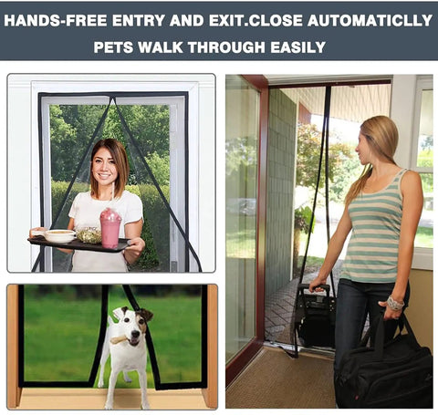 Magnetic Screen Door 36 X 82 Inches, Heavy Duty Reinforced Fiberglass Mesh, Black Modern Style, in use by people and pet.