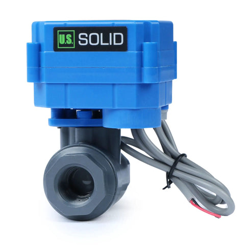 Heavy Duty Half Inch Upvc Motorized Ball Valve With Electric Two Wire Auto Return Switch Full Bore Passageway And Slick Nine To Thirty Six Volt AC DC Operation For No Sweat Plumbing Jobs And Irrigation Projects Pack Of Twenty in blue with grey connection.