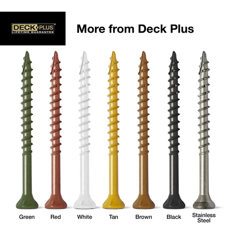 Colored screws including green, red, white, tan, brown, black, and stainless steel shown in a vertical lineup.