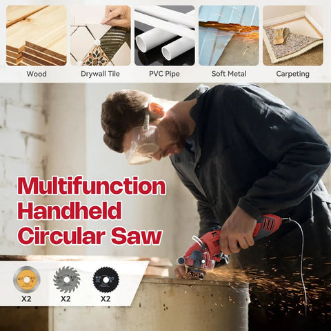 Person using Corded Mini Circular Saw Kit With 400W 110V Power, 3400 RPM, And 6 Blades For Precise, Do It All Cuts In Tight Spaces