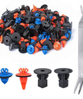 120Pcs Fender Flare Clip Kit Nylon Retainer Fasteners For Bumper And Fender Liner Replacement Easy Install Compatible With Toyota 4Runner Tacoma RAV4 75495 35010 75397 35010 90189 06013 with tool and clips in blue, orange, and black