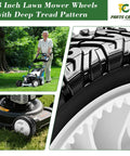 Two Heavy Duty Replacement Front Drive Wheel Gear Assemblies For Toro 22 Inch Recycler Lawn Mower Fits Multiple 20001 Through 20111 Models Pack Of Two shown with deep tread pattern, man mowing, and close-up view