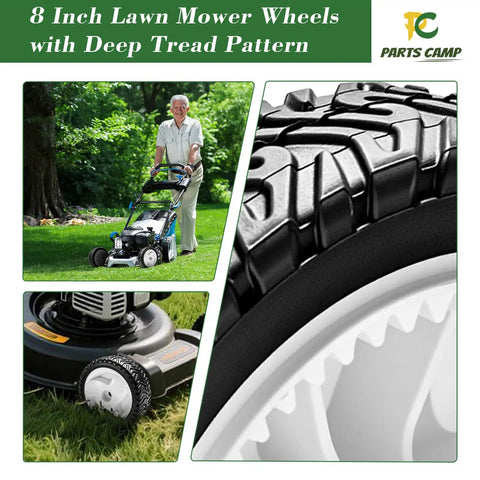 Two Heavy Duty Replacement Front Drive Wheel Gear Assemblies For Toro 22 Inch Recycler Lawn Mower Fits Multiple 20001 Through 20111 Models Pack Of Two shown with deep tread pattern, man mowing, and close-up view