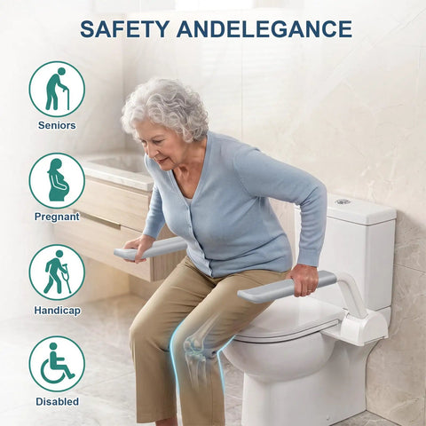 Adjustable Toilet Safety Rail With Rock Solid No Slip Handles Hassle Free Bathroom Assist Bar For Elderly, supporting senior woman.