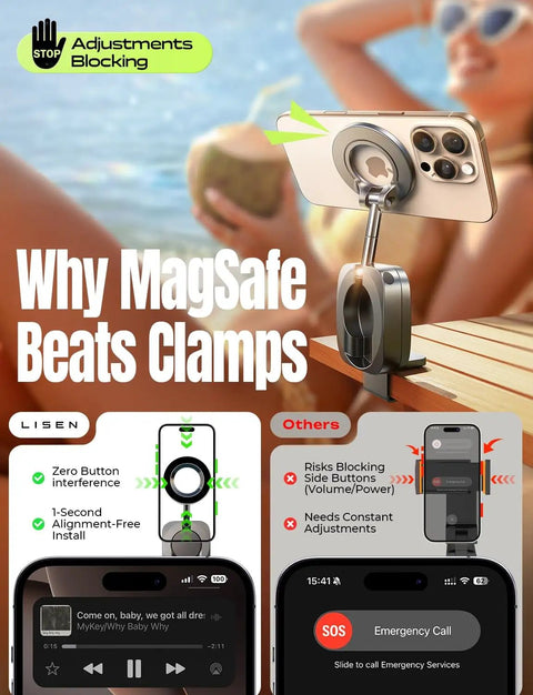 MagSafe Phone Holder For Air Travel showing secure iPhone mount on table, avoiding button interference and easy installation.