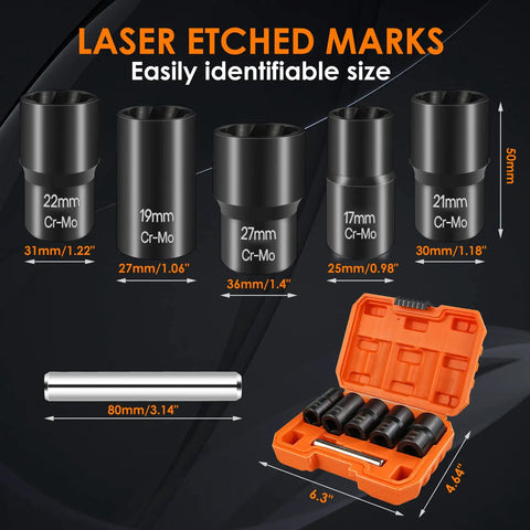 Six Piece Lug Nut Remover Socket Set For Damaged Rusted Bolts And Screws Half Inch Drive Impact Nut Extractors with sizes and case