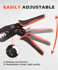 Killer Ratcheting Wire Crimper For 22-10 AWG Terminals showing easily adjustable design with red and black grips.