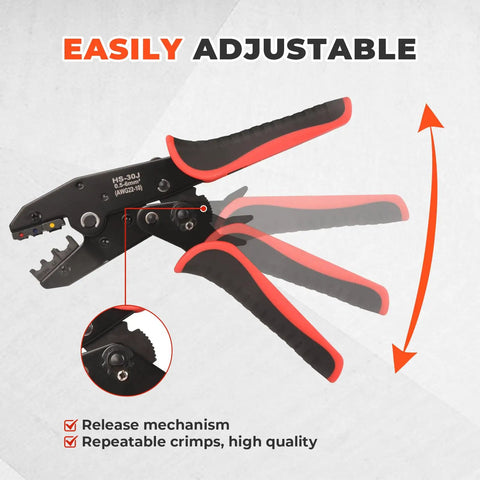 Killer Ratcheting Wire Crimper For 22-10 AWG Terminals showing easily adjustable design with red and black grips.