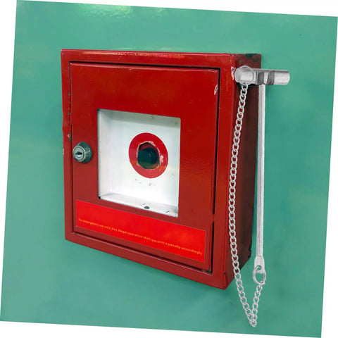 Emergency Stainless Steel Fire Alarm Button Hammer For Industrial Use next to red call point box on green wall