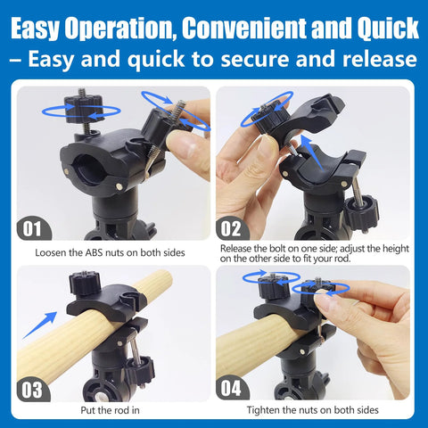 EDS RDPLT universal trolling motor stabilizer bracket with quick-release clamp; front, side, close-up, and installed views.