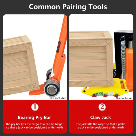 Illustration showing pairing tools with a Bearing Pry Bar and a Claw Jack, not included with Beefy Heavy Duty Machinery Moving Roller Skate Dolly With 360 Degree Swivel Non Slip Tray For Industrial Equipment Transport And Safe Stable Gear Handling Today.