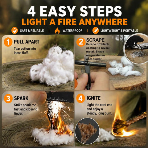 Steps to use 34 Piece Fire Starter Survival Kit With Three Ferro Rods And Striker Tinder for easy outdoor fire making