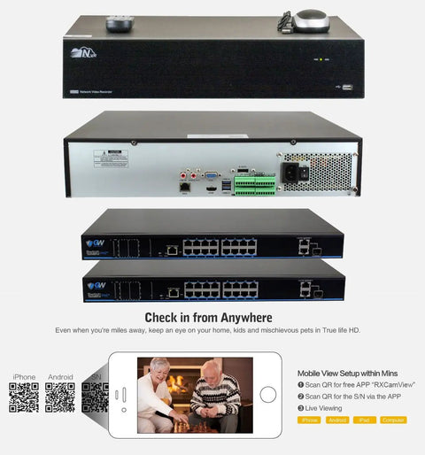 Boss Level 4K Security Camera System 32 Bullet Cameras 8MP Super Crisp Footage featuring network video recorder with ports and setup details.