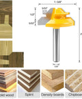 Heavy Duty 45 Degree Lock Miter Router Bit Set With Quarter Inch Shank And Auto Center Punch For Cabinet Building, showcasing dimensions and wood types.