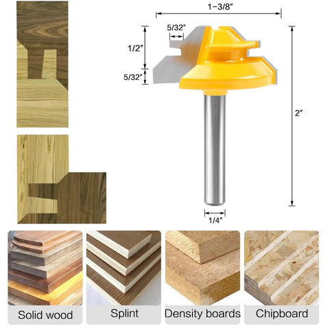 Heavy Duty 45 Degree Lock Miter Router Bit Set With Quarter Inch Shank And Auto Center Punch For Cabinet Building, showcasing dimensions and wood types.