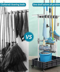Comparison of cluttered cleaning tools vs Grab-And-Go Mobile Broom And Mop Organizer Cart with drying hooks and wheeled storage.