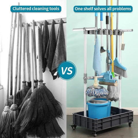 Comparison of cluttered cleaning tools vs Grab-And-Go Mobile Broom And Mop Organizer Cart with drying hooks and wheeled storage.