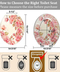 Elongated Resin Toilet Seat for Bathroom Decor dimensions showing size chart with floral design, measuring 14-3/10" x 19-1/10".
