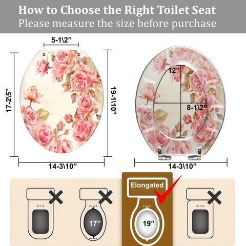 Elongated Resin Toilet Seat for Bathroom Decor dimensions showing size chart with floral design, measuring 14-3/10" x 19-1/10".