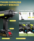E-HELP 5 Ton Cordless Electric Car Jack Kit With Impact Wrench And Dual Lithium Batteries showing wrench switch and battery features.