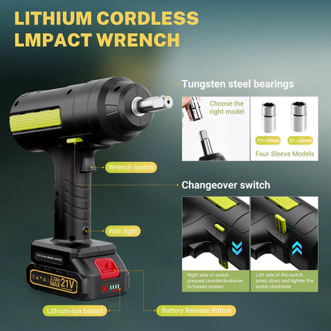 E-HELP 5 Ton Cordless Electric Car Jack Kit With Impact Wrench And Dual Lithium Batteries showing wrench switch and battery features.
