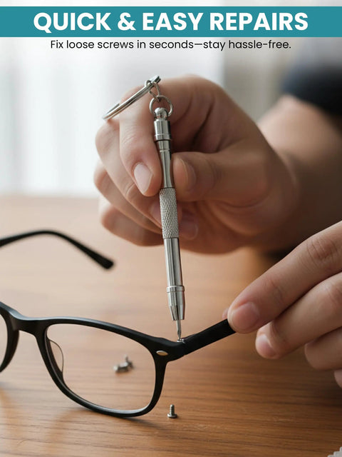 Person using Silver Stainless Steel Eyeglass Repair Kit With 5 In 1 Mini Precision Screwdriver Set on black glasses