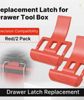 Tough As Nails Replacement Latches For Drawer Tool Boxes In Bright Red 2 Pack Precision Drop Down Hooks displayed against a tool box.