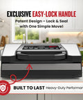 Pro Grade Vacuum Sealer Machine With Cutter And Jar Attachment For Home Kitchen on a counter, showing easy-lock handle feature.
