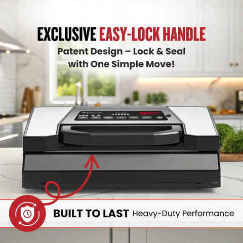 Pro Grade Vacuum Sealer Machine With Cutter And Jar Attachment For Home Kitchen on a counter, showing easy-lock handle feature.