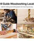 Pro Grade Drill Guide Woodworking Locator Kit in use for precise wood drilling, showing sawdust and workshop scene.