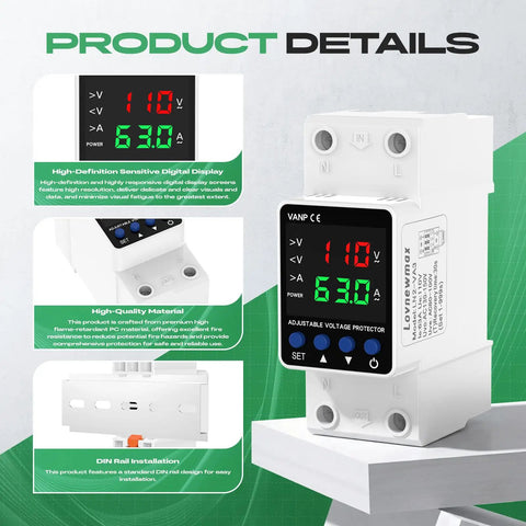 Adjustable Voltage Protector Built Tough With 110V And 1 To 63A Smart Circuit Breaker Overcurrent Protection Low Voltage Cutoff 80 To 110V High Voltage Cutoff 130 To 150V DIN Rail AC Disconnect, white DIN rail module with digital display