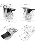Set Of 4 Heavy Duty 4 Inch Transparent Polyurethane Swivel Casters With Lock Brake, detailed view of caster with measurements.