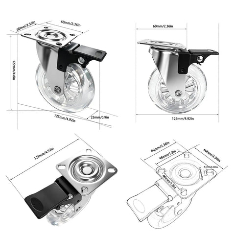 Set Of 4 Heavy Duty 4 Inch Transparent Polyurethane Swivel Casters With Lock Brake, detailed view of caster with measurements.