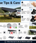 Use tips and care for Portable Car Side Awning 210D Blackout Oxford Canopy Shelter setup and maintenance instructions.