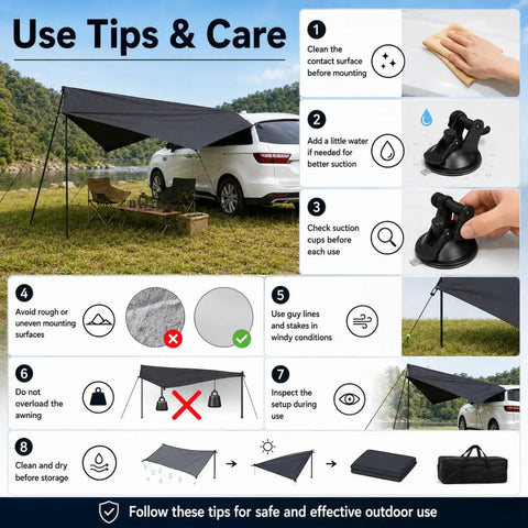 Use tips and care for Portable Car Side Awning 210D Blackout Oxford Canopy Shelter setup and maintenance instructions.