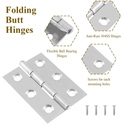 Twenty Pack Three Inch Butt Hinges For Cabinet Doors With Mirror Chrome Finish, 304 stainless steel, ball bearing design, includes screws.